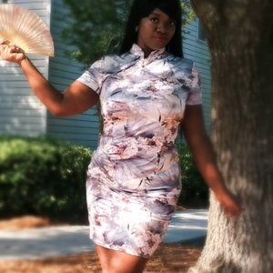 Oxiuly Fashion Mock Neck Floral Dress